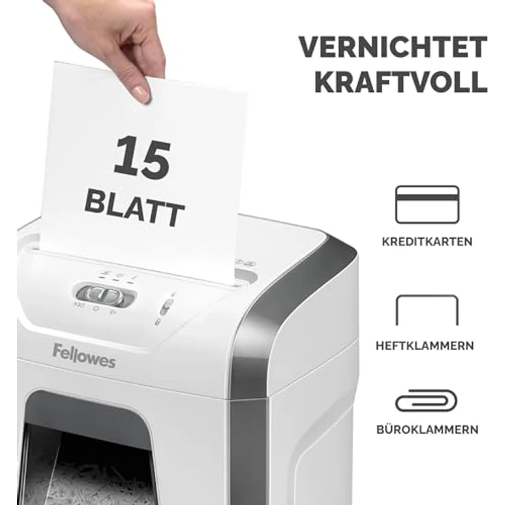 Fellowes Aktenvernichter Powershred 15C - 15 Blatt Querschnitt, 19L Auszugsbehälter, Hochsicherheitsstufe-P4, Weiß – Bild 3