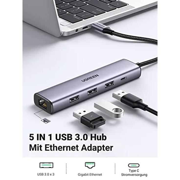 UGREEN CM475 Multifunction HUB, USB 3.0 mit 3 x USB 3.0 Ports, 1x Ethernet RJ-45, USB-C PD, Aluminiumlegierung, grau – Bild 2