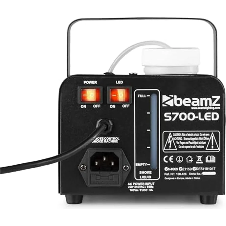 Beamz S700-LED Nebelmaschine mit Flammeneffekt, Leistung 700 W, 250-ml-Tank, Durchfluss des Nebels 7 m³/min, Fernbedienung mit 3 m Kabel und Wand- und Deckenhalterung, 3 Minuten Aufwärmzeit, schwarz – Bild 10