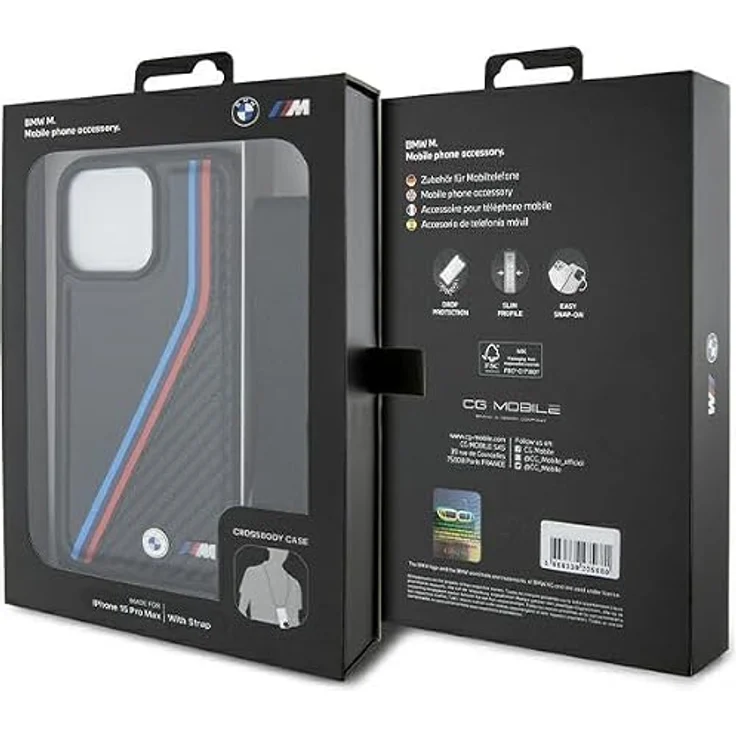 BMW M Edition Carbon Tricolor Lines & Strap Case für iPhone 15 Pro - schwarz, hochwertiger Schutz mit sportlichem Design – Bild 7