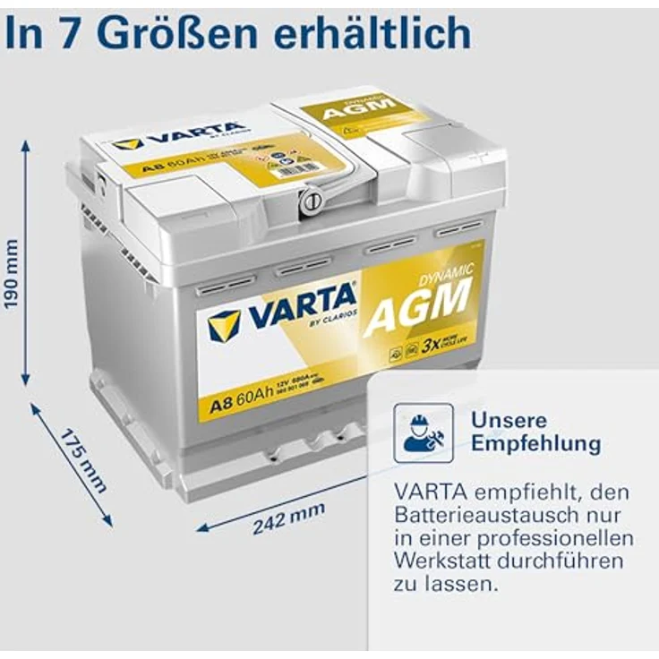 Varta Silver Dynamic AGM A8 12V 60Ah Autobatterie für Start-Stopp-Systeme, wartungsfrei, 680A Kaltstartstrom – Bild 6