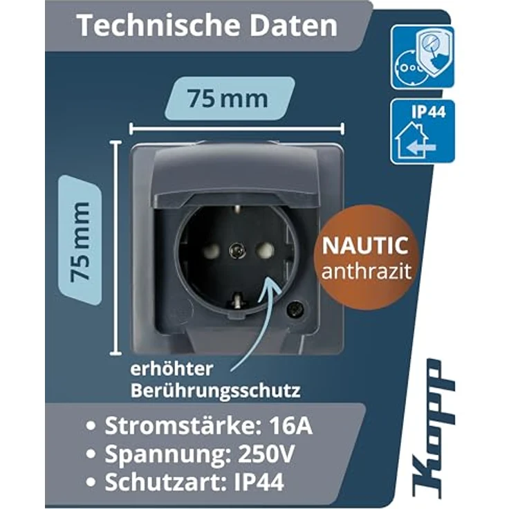 Kopp NAUTIC 1-fach Schutzkontakt-Steckdose, Anthrazit, IP44 mit Klappdeckel und erhöhtem Berührungsschutz, 16A / 250V~ – Bild 2
