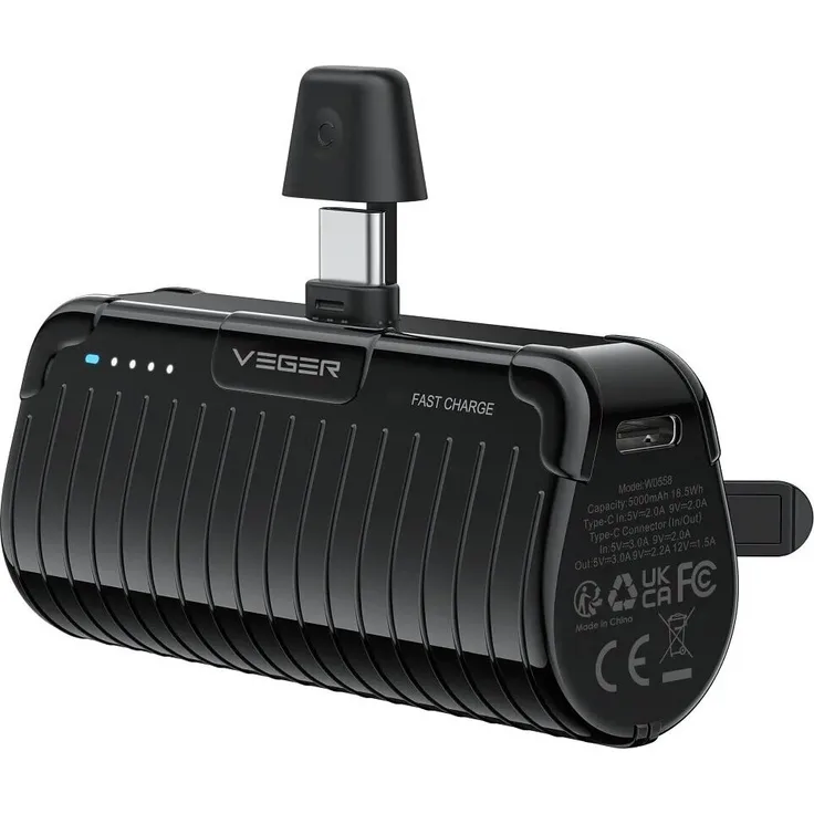 Veger PLUGON-C PRO, 5000 mAh Powerbank mit Schnellladetechnologie, Schwarz