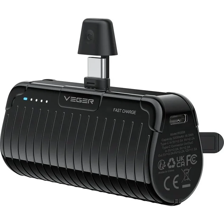 Veger PLUGON-C PRO, 5000 mAh Powerbank mit Schnellladetechnologie, Schwarz