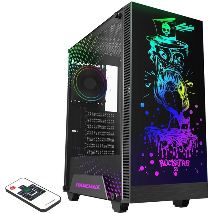 GAMEMAX Rockstar2 Midi Tower Gaming-Gehäuse, ATX mit gehärtetem Glas, ARGB-Beleuchtung, ohne Netzteil, USB 2.0 und 3.0