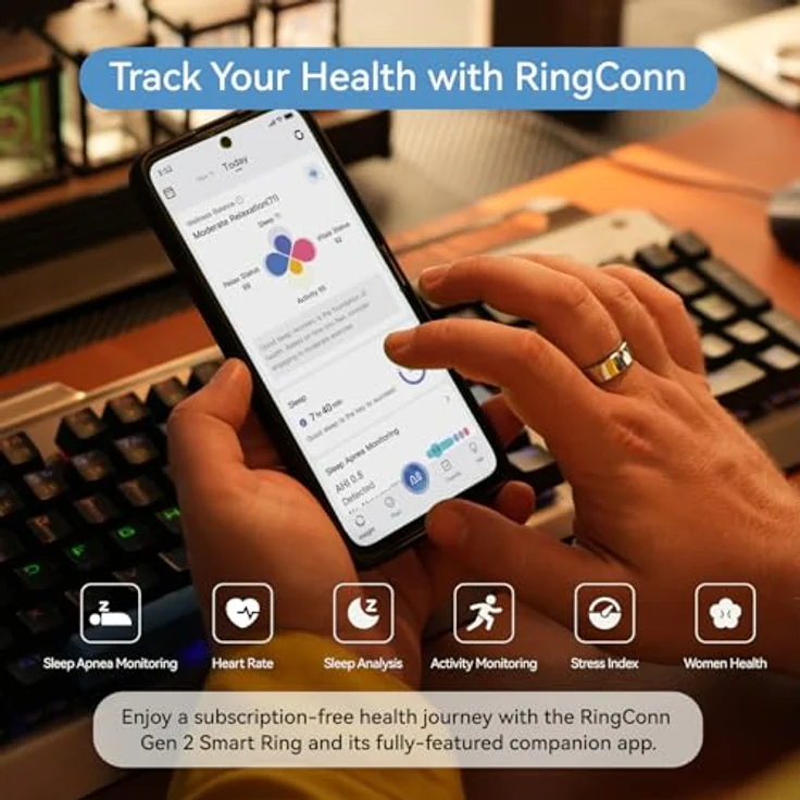 RingConn Gen 2 Smart Ring, Größe 13, Schlafapnoe-Monitoring, 12 Tage Akkulaufzeit, Stress-/Herzfrequenz-/Frauen-Gesundheits-Tracker, kompatibel mit Android und iOS – Bild 4