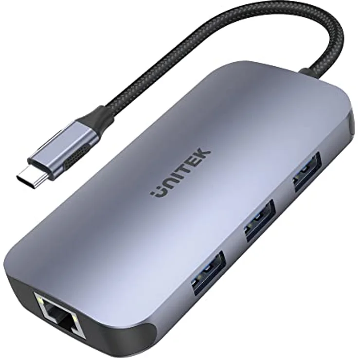 uHUB Unitek D1071A N9+ 9-in-1 USB-C Ethernet Hub mit HDMI, 100W Power Delivery und Card Reader/Aluminium/Nylon Kabel/USB-A, USB-C (Netzteil), HDMI 2.0, Card Reader, Anschluss RJ -45