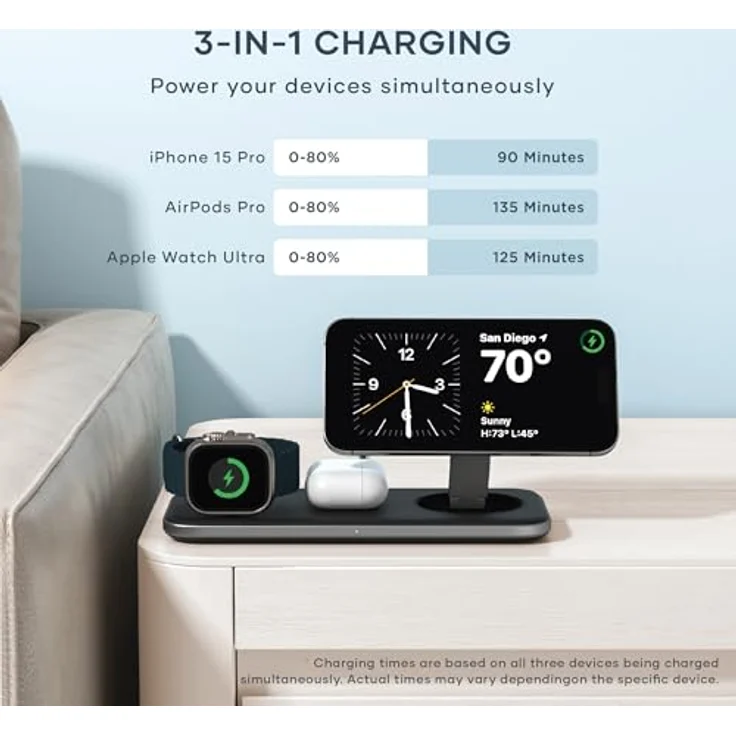 SATECHI Qi2 Trio Wireless Charging Pad, 3-in-1 Ladestation, 15W Schnellladegerät für iPhone 16/15/14/13/12, AirPods und Apple Watch, Aluminium – Bild 3