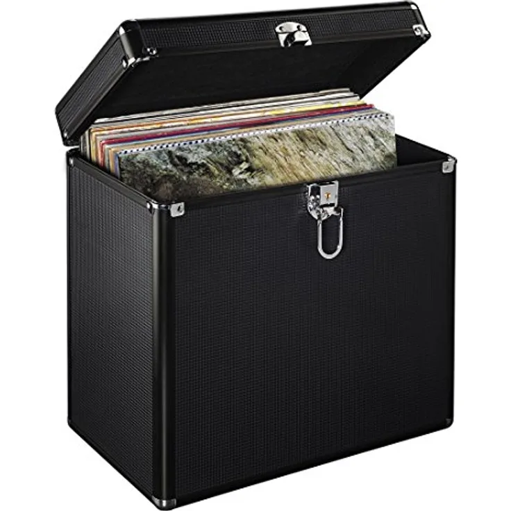 Hama LP-Koffer im Alu-Look (zur Aufbewahrung von 50 Schallplatten, abschließbar) Vinyl Aufbewahrungsbox, Plattenkoffer schwarz