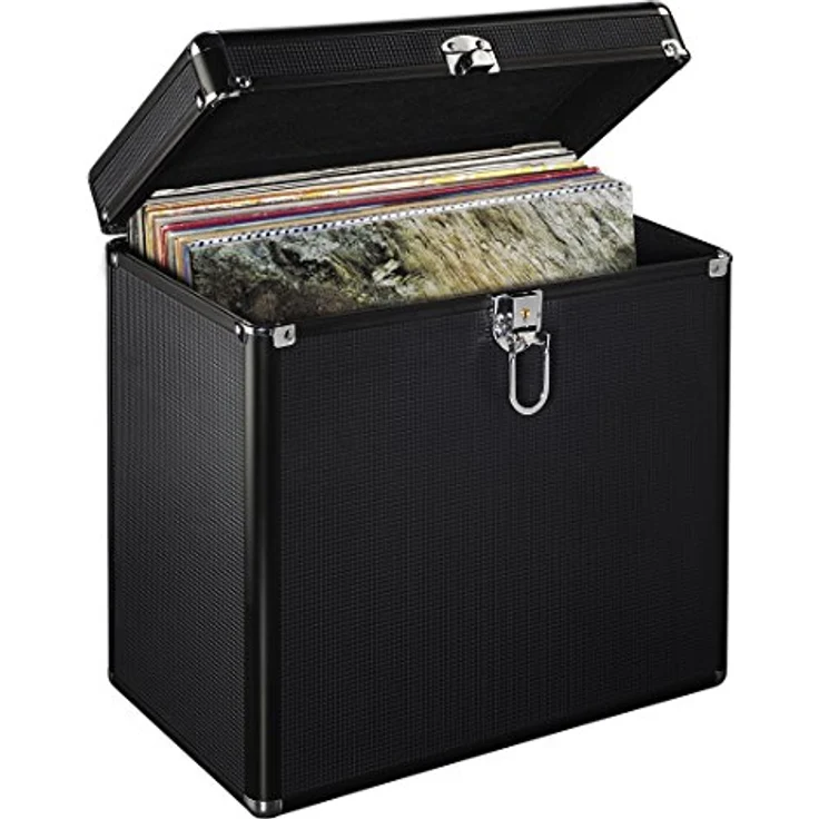 Hama LP-Koffer im Alu-Look (zur Aufbewahrung von 50 Schallplatten, abschließbar) Vinyl Aufbewahrungsbox, Plattenkoffer schwarz – Bild 1