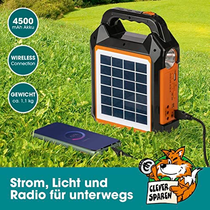 DS Produkte EASYmaxx Solar-Generator Kit 4500mAh, tragbare Powerbank mit integrierter Taschenlampe, Radio & Lautsprecher – Bild 3