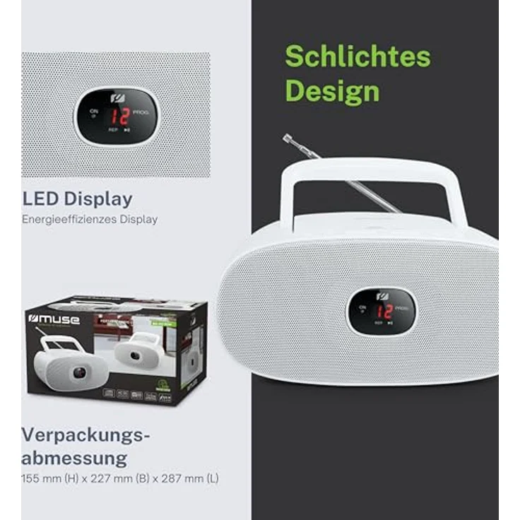 Muse MD-202 RDW Stereo UKW-Radio mit CD-Player (LED Display, Repeat, AUX-In, Teleskopantenne) weiß – Bild 5