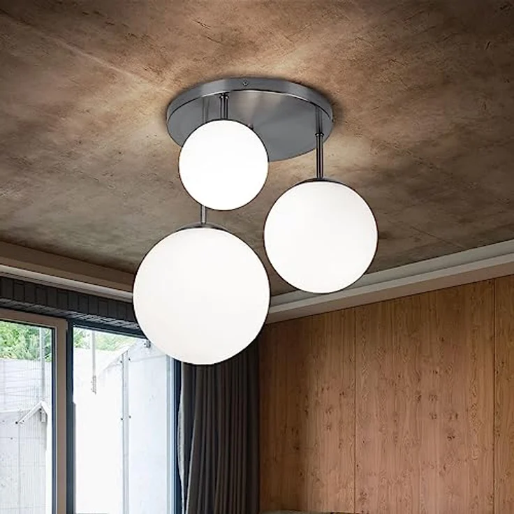 Globo Deckenlampe Wohnzimmerleuchte Kugel Deckenleuchte Glas satiniert, 3x E27, DxH 46,5x44 cm, Nickel Matt – Bild 5