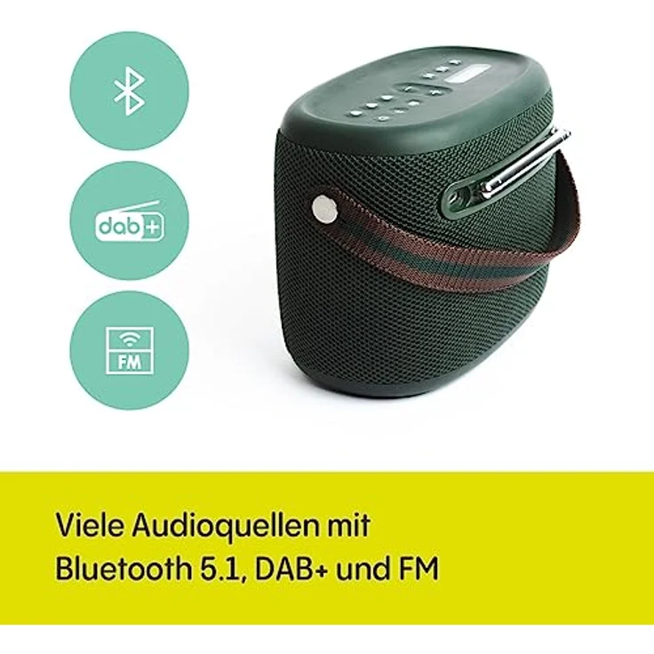 Pure Woodland Outdoor Lautsprecher mit Bluetooth & DAB+/FM Radio (wasserdicht IP67, robust, tragbar, 14h Akku - perfekt für Garten & Camping) Grün – Bild 3