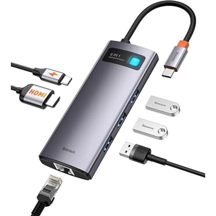 Baseus Metal Gleam 6 in 1 Multifunktions-PC/Phone Hub Adapter Grau, USB Type C Eingang, USB Type A 3.0 X 3 Ausgang, Reisegröße