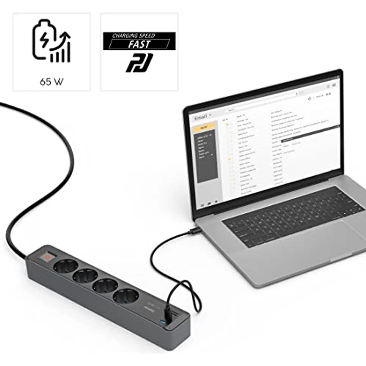 Hama Steckdosenleiste 4-fach USB-C/A 65W PD mit Schalter, 1,4 m, Schwarz/Grau – Bild 6