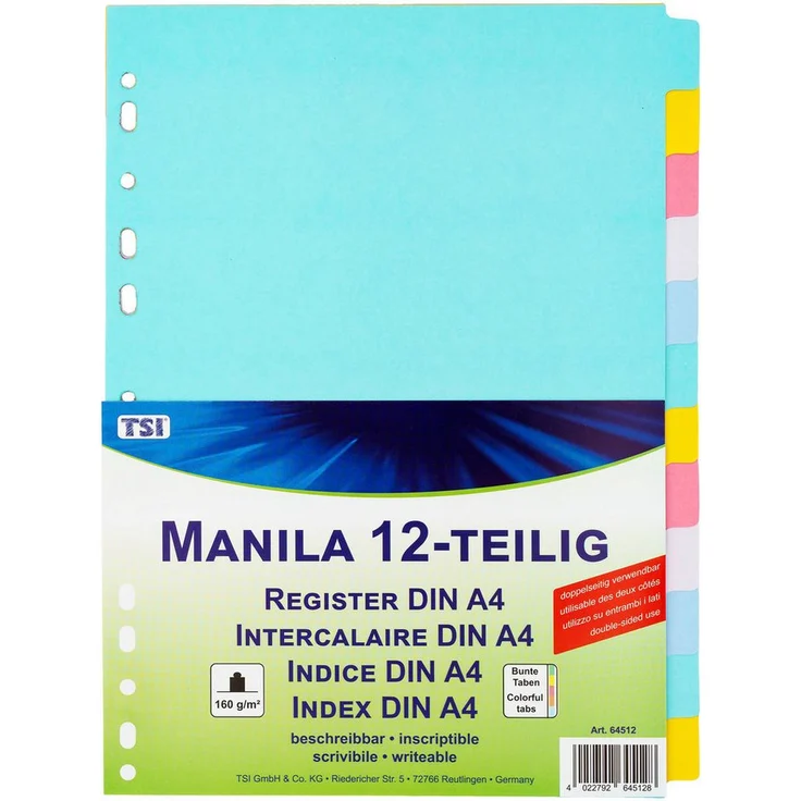 TSI Schreibwaren Aktenordner Manila Register A4 mit 12 blanko Taben, 5 unterschiedliche Farben – Bild 1