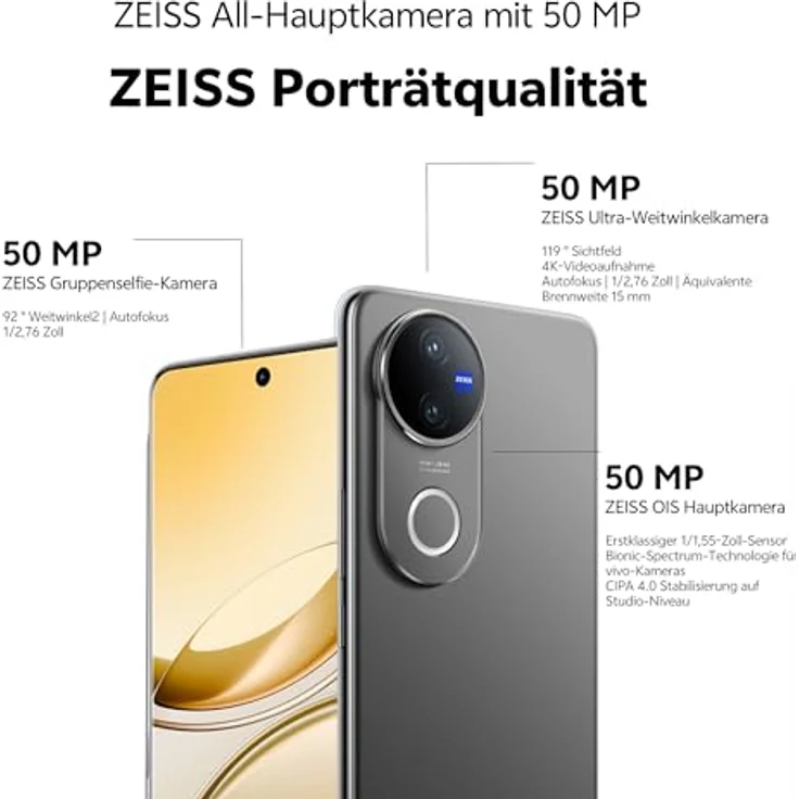 VIVO V50 5G Smartphone, 12 GB RAM, 512 GB, 50+50 MP ZEISS Kameras, 4K Video, 5260 mAh Akku, 90W Schnellladung, 6,77″ AMOLED Display, IP68/IP69 wasserdicht – Bild 4