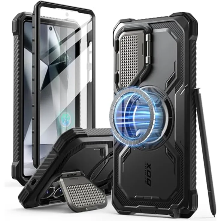 i-Blason Armorbox für Samsung Galaxy S25 Ultra Hülle Magsafe mit Kameraschutz Bumper Case 360 Grad Handyhülle Robust Schutzhülle mit Displayschutz und Ständer für Galaxy S25 Ultra 2025 (Schwarz)