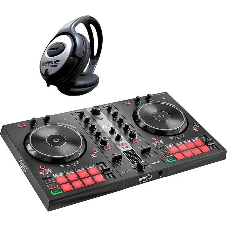 HERCULES DJ Controller Inpulse 300 MK2, USB DJ Controller mit 2 Decks, integrierter Soundkarte und keepdrum Kopfhörer