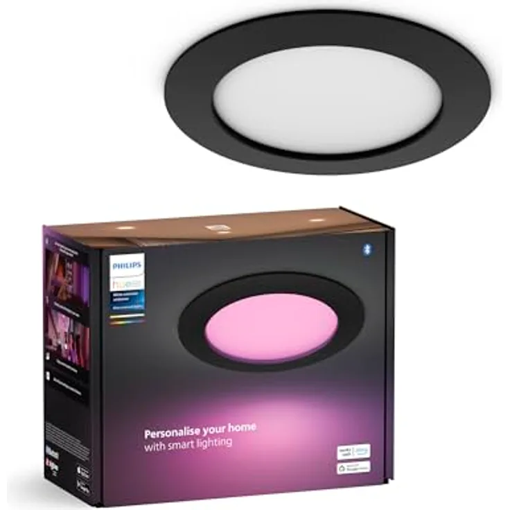 Philips Hue Smart Slim Einbauleuchte, 170mm, Weiß & Farbiges Licht, Bluetooth kompatibel, Sprachsteuerung mit Alexa, Apple Home & Google Assistant, schwarz