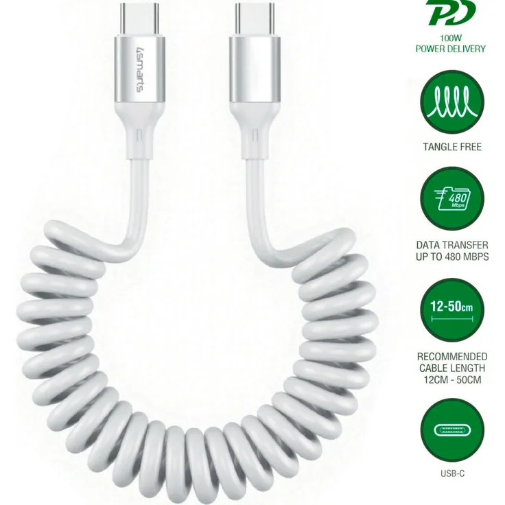 4smarts USB-C zu USB-C Spiralkabel 100W, dehnbar von 12 bis 50 cm, Weiß