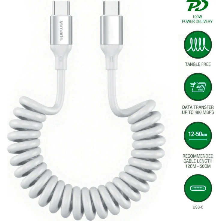 4smarts USB-C zu USB-C Spiralkabel 100W, dehnbar von 12 bis 50 cm, Weiß
