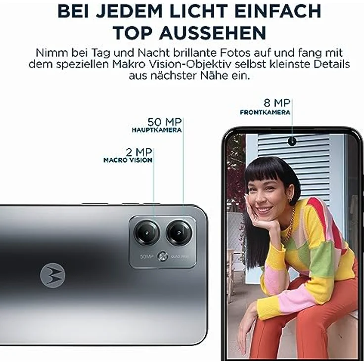 Motorola Moto g14 Smartphone (6,5"-FHD+-Display, 50-MP-Kamera, 4/128 GB, 5000 mAh, Android 13) Steel Grey, inkl. Schutzcover + KFZ-Adapter [Exklusiv bei Amazon] – Bild 4