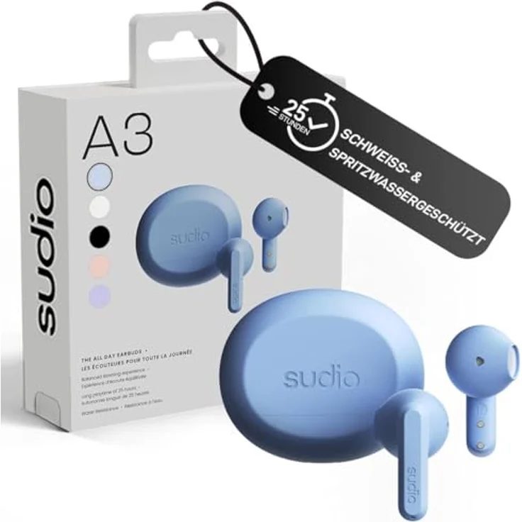 sudio A3 True Wireless Kopfhörer, Kabellos Over Ear mit Bluetooth 5.4, Multipoint Verbindung, Schweiß- & Spritzwassergeschützt, 25h Spielzeit, USB-C Ladecase, Blau – Bild 1