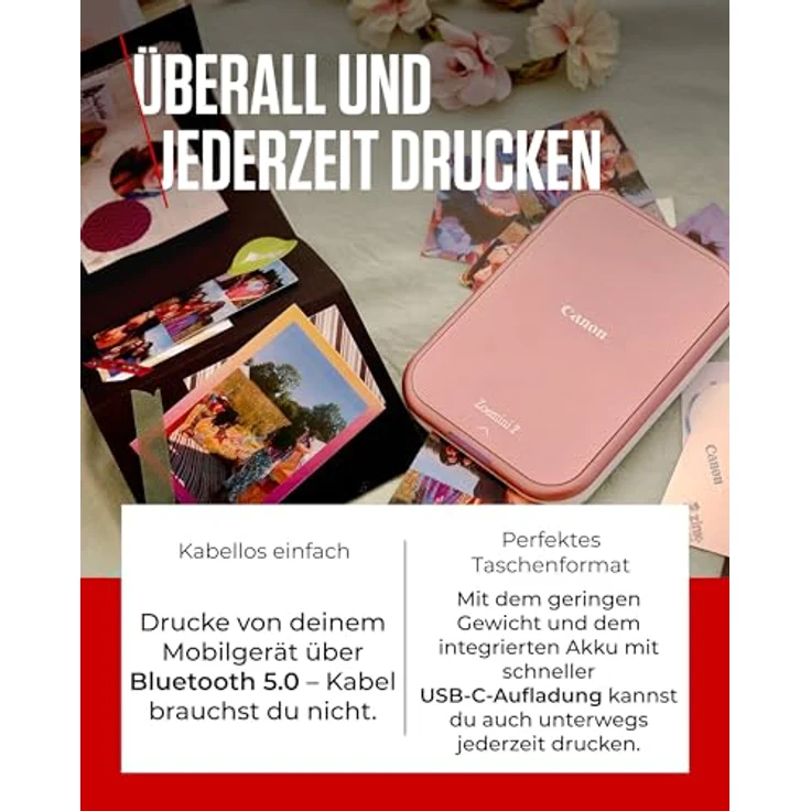 Canon Zoemini 2 Mini Fotodrucker roségold - Mobil, tragbar, unterwegs, Hosentasche, PRINTING KIT (Fotos 5x7,6 cm, für Smartphone + Tablet, eingebauter Akku) mit 20er ZINK Druck-Set + 10er Circle Sticker - Preisvergleich – Bild 3