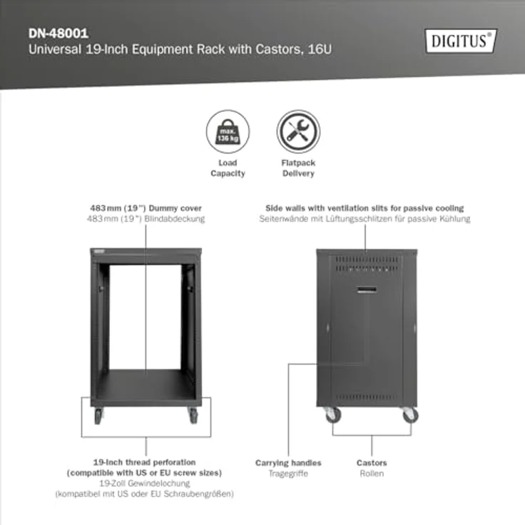 DIGITUS Universal 19-Zoll Equipment Rack - 16HE - unmontiert - Audio-Video-Zubehör - Audio-Rack - Traglast 136 kg - mit Rollen - schwarz – Bild 2