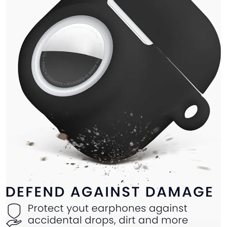 kwmobile 2-in-1 Hülle für Apple AirPods 4 und AirTag, weiche Silikon Schutzhülle mit Karabiner - Schwarz – Bild 3