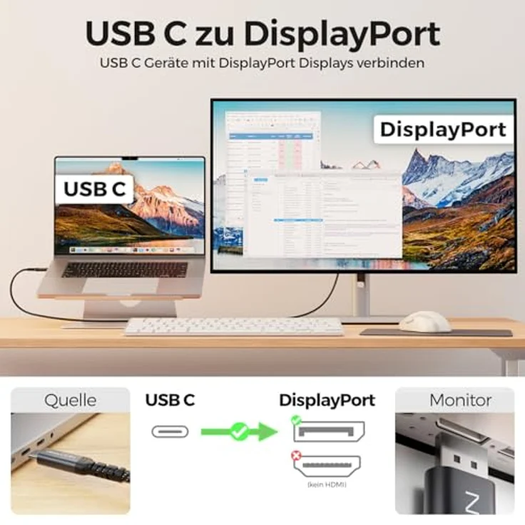 deleyCON 2m USB-C auf DisplayPort Kabel, 4K@60Hz und 2K@165Hz, mit Nylonkabel und Knickschutz, kompatibel mit iPhone 17/16/15, MacBook, iPad Pro/Air, Galaxy S25/S24 – Bild 3