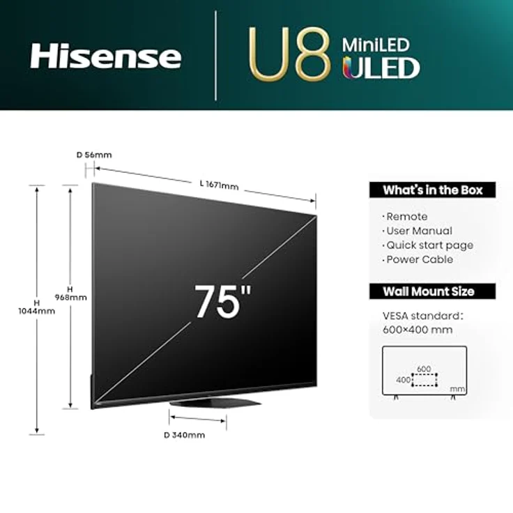 Hisense 75U8NQ 189cm (75 Zoll) Fernseher, 4K Mini LED ULED HDR Smart TV, Quantum Dot, 120Hz/ 144Hz VRR, HDMI 2.1, Game Mode Pro, 2.1.2 Kanal Sound, Dolby Vision IQ & Atmos, Anthrazit, [2024] – Bild 2