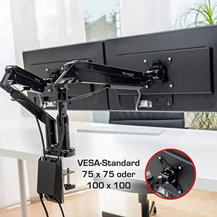 Vantage Premium Duo Monitor Halterung (VESA 75 & 100, 2X 2-9 kg, für 17-32 Zoll Bildschirme, mit Gasdruckfeder, drehbar, neigbar, schwenkbar) schwarz – Bild 2