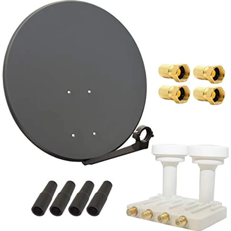 Premium X Satelliten-Komplettanlage PXS80, 80cm Anthrazit Satellitenschüssel mit Quad Monoblock LNB für 2 SAT und 4 Teilnehmer