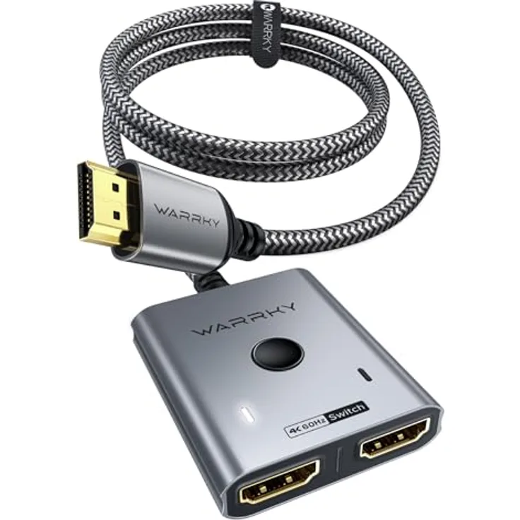 WARRKY HDMI Switch 4K@60Hz, 2 In 1 Out Splitter mit 1m geflochtenem Kabel, HDCP 2.2, Aluminium, unterstützt UHD 3D für PS5/4, Xbox, FireStick