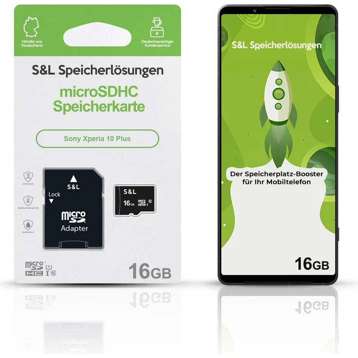 S&L microSD Speicherkarte 16GB für Sony Xperia 10 Plus, Class 10 U1, stoßsicher, wasserdicht