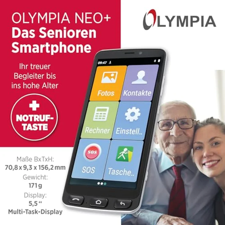 Olympia NEO+ schwarz Seniorenhandy, Smartphone mit 5,5" Display, Notruftaste, Android 15, 4G LTE, Dual-SIM, vorinstalliertes WhatsApp und Medikamenten-Erinnerungs-App – Bild 2