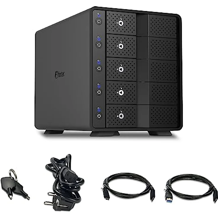 FANTEC 5-Fach Festplattengehäuse USB-C 3.1 Gen2 10G für 5X 3,5/2,5 Zoll SATA I/II/III HDDs/SSDs. Trägerlos, einzeln EIN/ausschalten, verriegelbar, 2X USB Kabel. Aluminiumgehäuse schwarz mit USB-C HUB – Bild 4