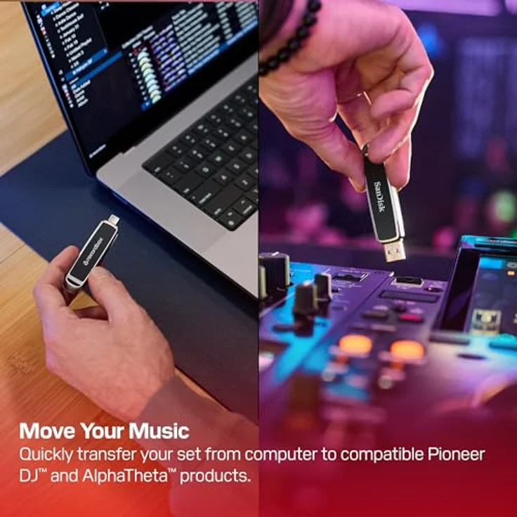 SanDisk DJ Flash Drive 512GB, USB Stick mit USB-A und USB-C, Lesegeschwindigkeit 1000 MB/s, schwarz/silber – Bild 2