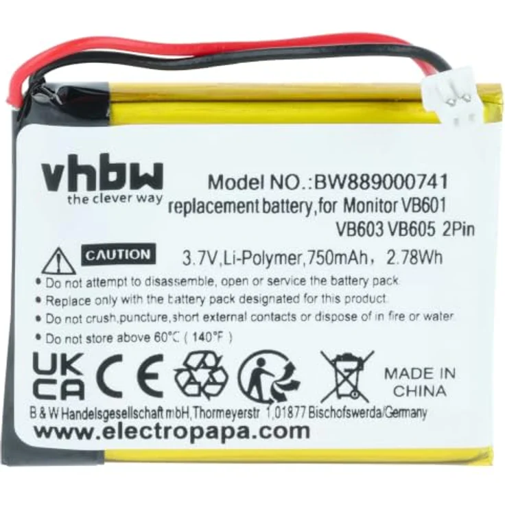 vhbw Akku kompatibel mit Floureon VB603, VB605, VB601 Babyphone, 750 mAh, 3,7 V, Li-Polymer, wiederaufladbar, Überhitzungs- und Kurzschlussschutz – Bild 3