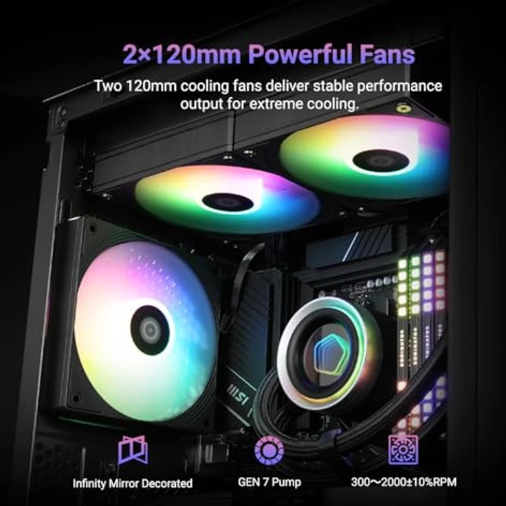 ID-COOLING FX240 INF, 240mm Flüssigkeits-CPU-Kühler AIO mit ARGB-Infinity-Spiegel-Effekt, 2x120mm Daisy-Chained Lüfter, leiser Betrieb bis 27,2 dB(A), kompatibel mit Intel LGA1851/1700/1200/115X & AMD AM5/AM4 – Bild 4