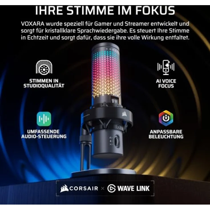 Corsair VOXARA USB Gaming Kondensatormikrofon, 25mm-Kapsel, 32-bit/192kHz Audio-Engine, RGB-Beleuchtung, Schwarz – Bild 2
