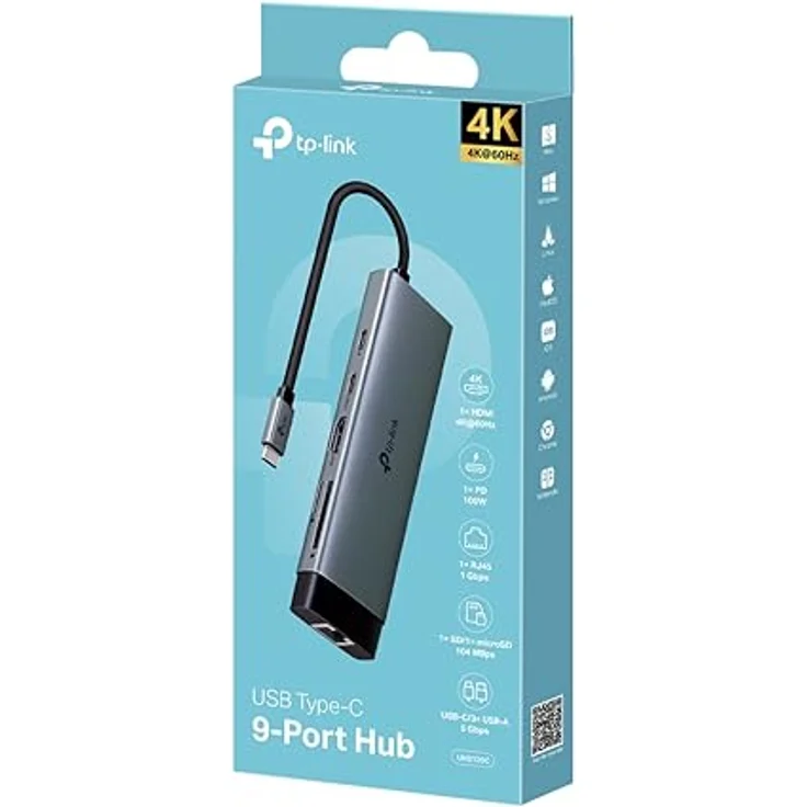 TP-Link UH9120C, USB-C-Hub 9 in 1 mit 4K 60Hz HDMI, Gigabit Ethernet, SD/microSD UHS-I, 100W Stromversorgung, 1 USB-C- und 3 USB-A Datenports – Bild 2