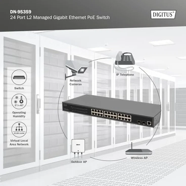 DIGITUS 27-Port Managed Gigabit PoE Netzwerk-Switch - 24 RJ45-Ports - 2 SFP-Ports - 1 Console-Port - 450W PoE-Budget - L2 Features - 19 Zoll - 10/100/1000 Mbps - Schwarz – Bild 4