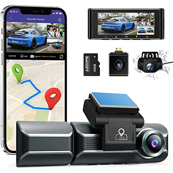 AZDOME M550 3 Linse Dashcam 1440P + 1080P + 1080P Auto Kamera mit WiFi, GPS, 4K Kamera vorne, Super Nachtsicht, Parküberwachung, Loop-Aufnahm, WDR, G Sensor, 3.19Zoll IPS Bildschirm für Taxis – Bild 1