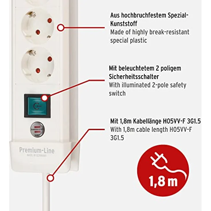Brennenstuhl Premium-Line, Steckdosenleiste 4-fach (Steckerleiste mit Schalter und 1,8m Kabel - 45° Winkel der Schutzkontakt-Steckdosen, Made in Germany) weiß – Bild 3