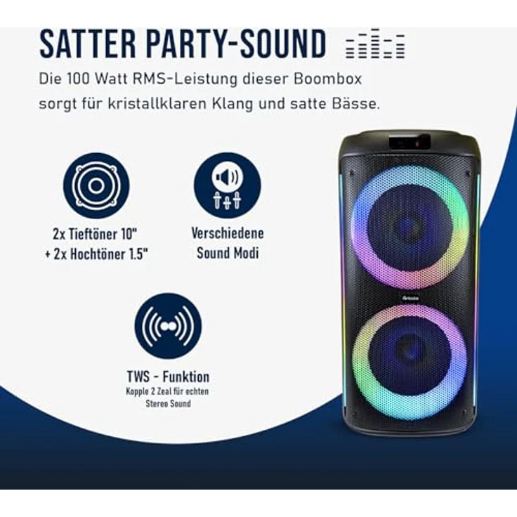 Fontastic Party Lautsprecher Zeal 1000, Bluetooth Lautsprecher mit USB-Wiedergabe, AUX, MicroSD und LED Effekten, Karaoke Box mit 2 Mikrofonen, Schwarz – Bild 3