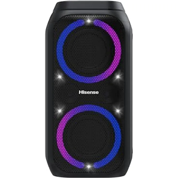Hisense Party Rocket 160 tragbarer kompakter Partylautsprecher mit Karaoke Modus und 160W Klangvolumen, 5 Lichteffekte, bis 12h Akkulaufzeit, Bluetooth, MIC Input, AUX, USB, IPX4 - Schwarz